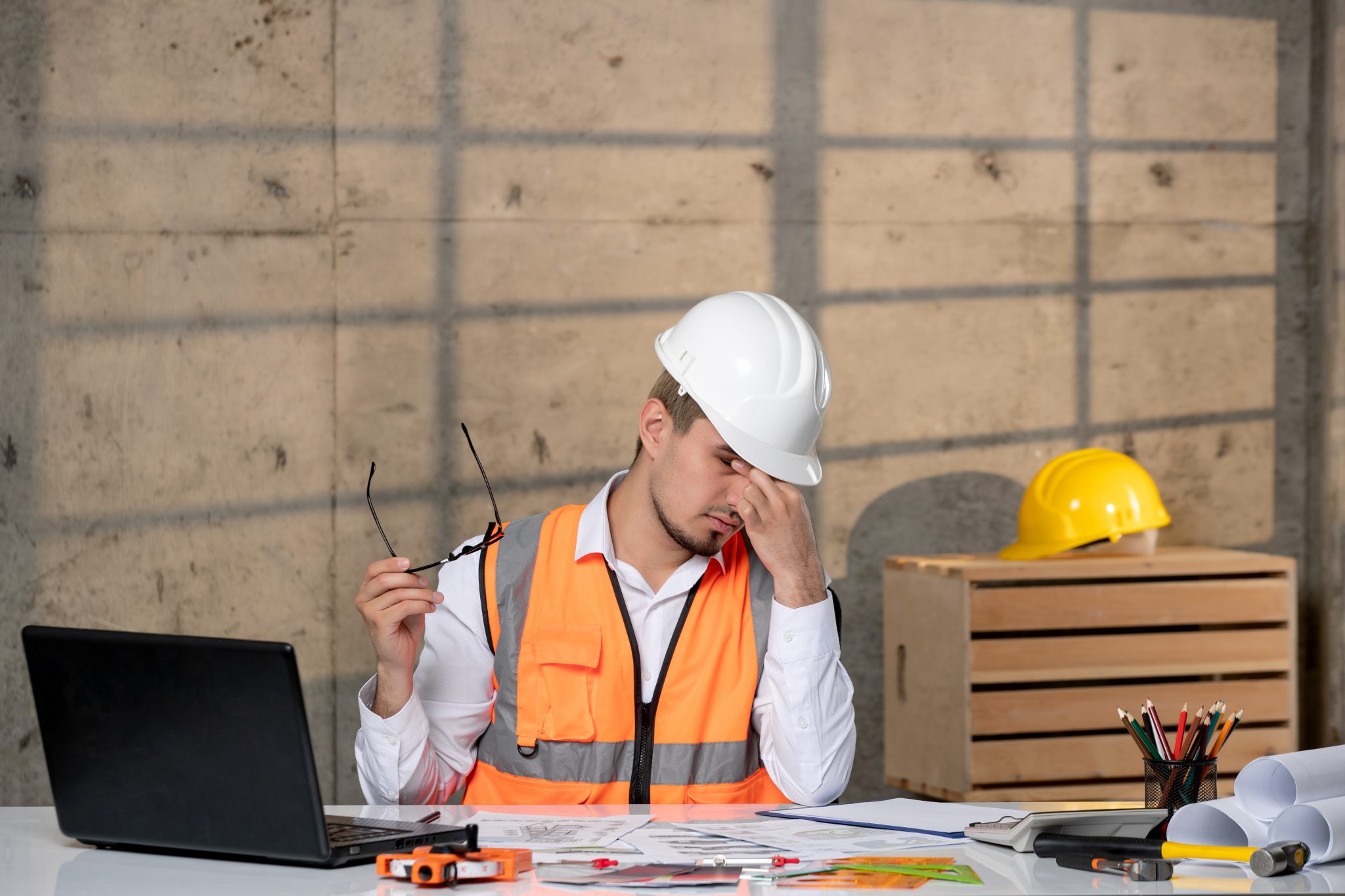 A stressed civil engineer wearing a hard hat and safety vest sits at a desk with documents and a laptop, representing the impact of a construction delay in Australia.