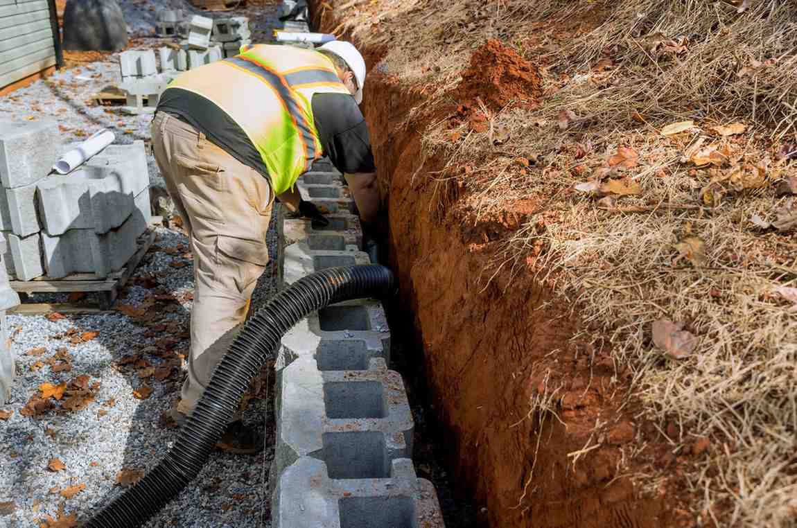Worker installing drainage pipe behind retaining wall to ensure proper water flow and structural stability