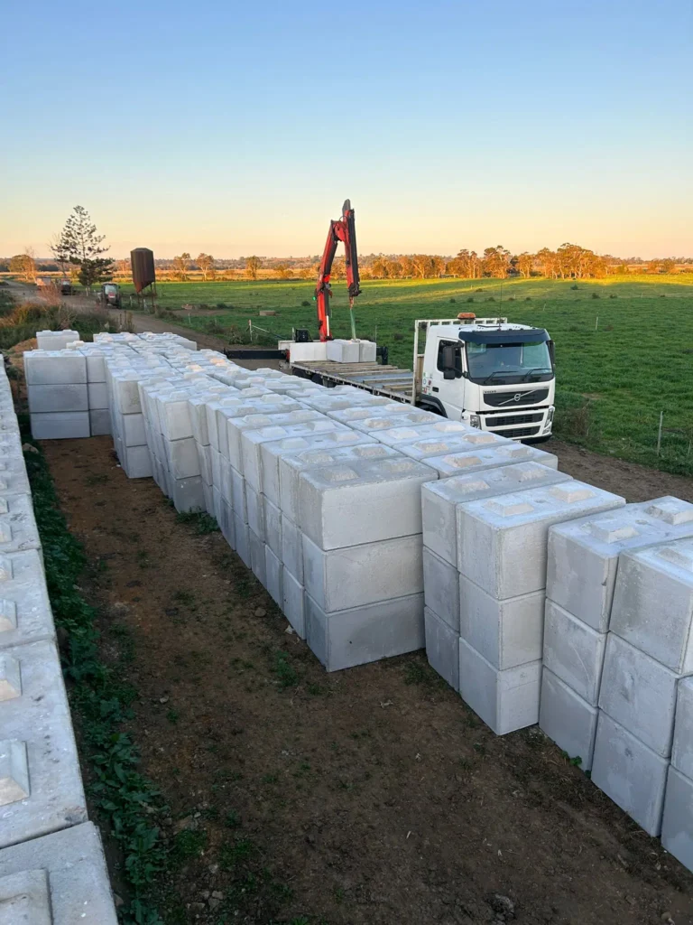 Stacks of large sustainable concrete blocks being delivered by a truck in a rural area, representing sustainable building materials for eco-friendly construction.