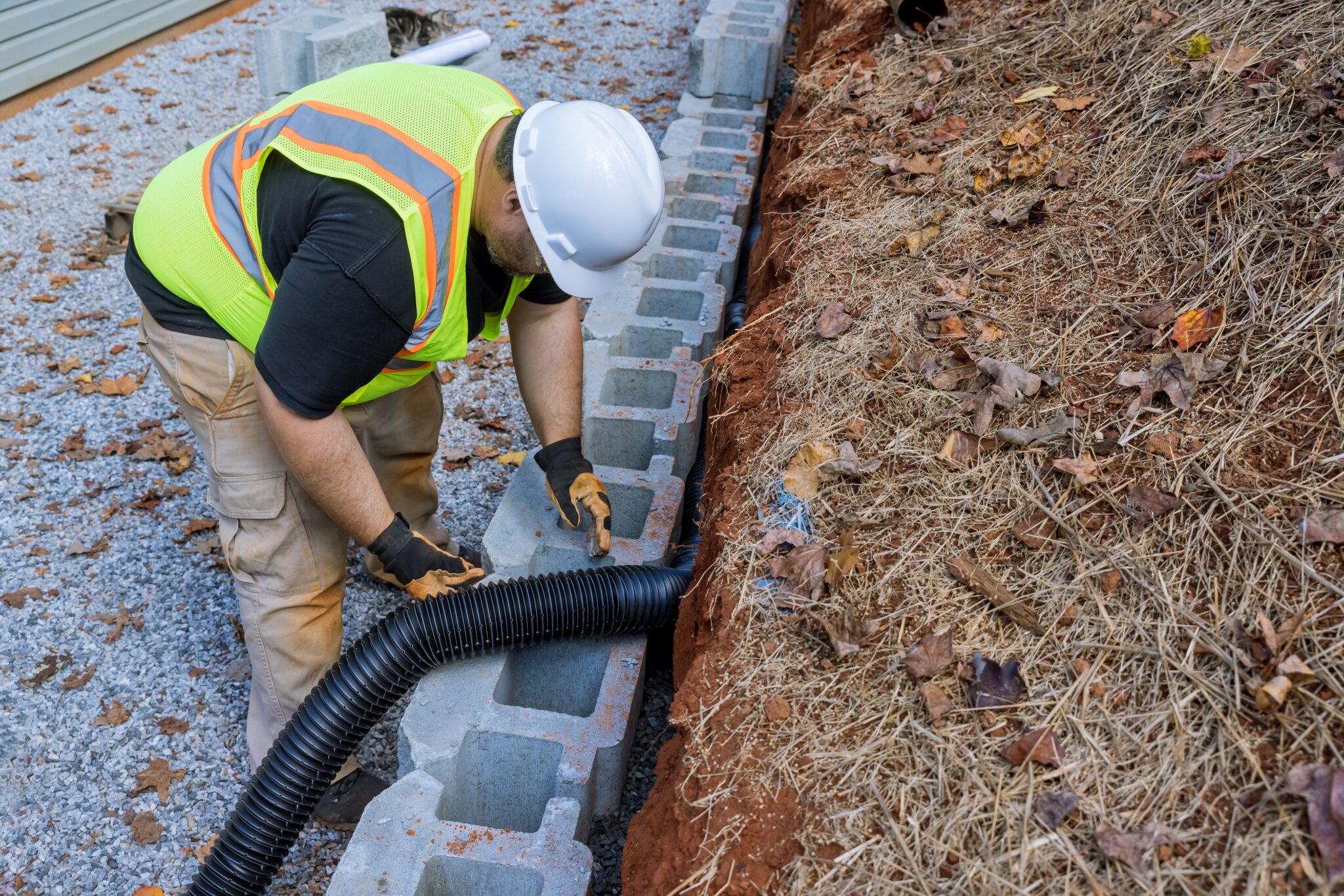 Worker laying down a drainage pipe in a retaining wall construction project, essential for managing water runoff in coastal areas.