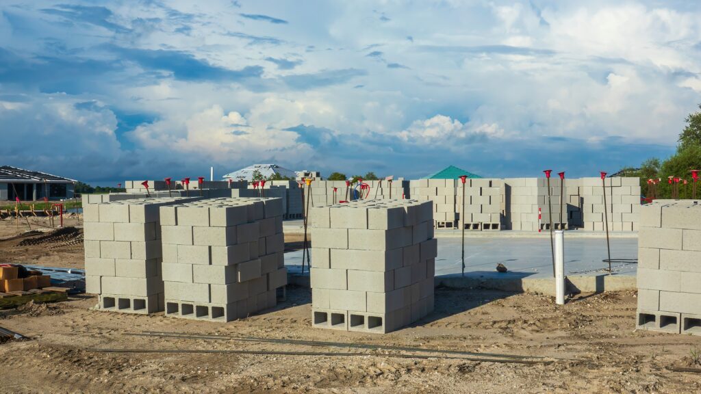 Stacks of recycled concrete blocks on the Gold Coast construction site, showcasing sustainable and eco-friendly building materials.