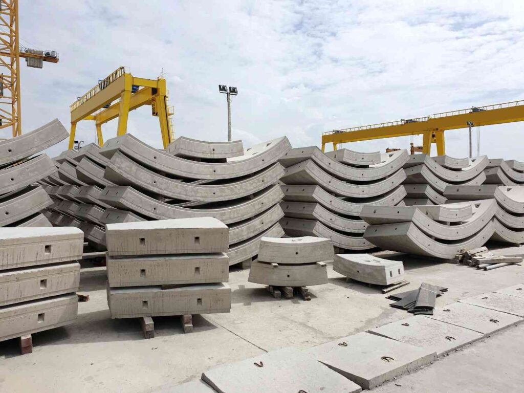Stacks of recycled precast concrete blocks on the Gold Coast ready for civil and residential construction applications.