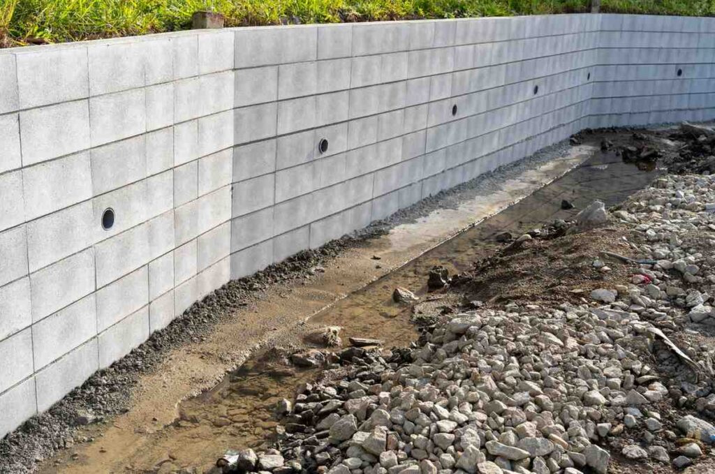 Retaining wall drainage Gold Coast system with concrete wall weep holes and gravel channel for water runoff