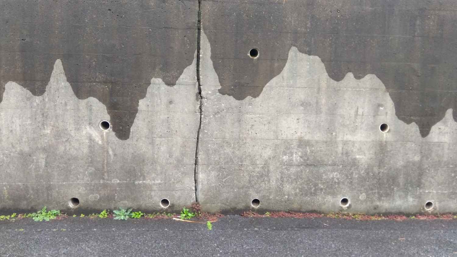 retaining wall failure signs with water staining and vertical crack indicating drainage pressure behind the wall