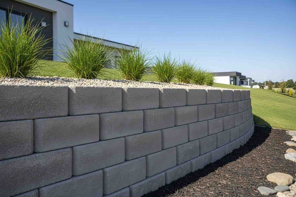 Retaining walls for sloped land using modern concrete blocks with ornamental grasses and gravel landscaping.