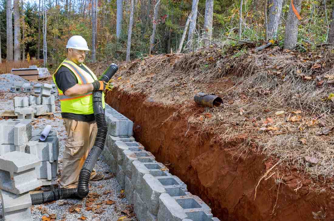 Construction worker installing perforated ag pipe for retaining wall drainage at an excavated trench site