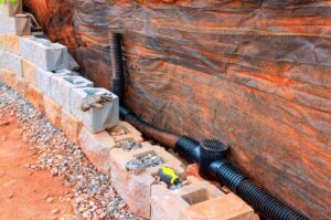 Retaining wall drainage system showing geotextile fabric, perforated pipe, and discharge outlet behind precast blocks