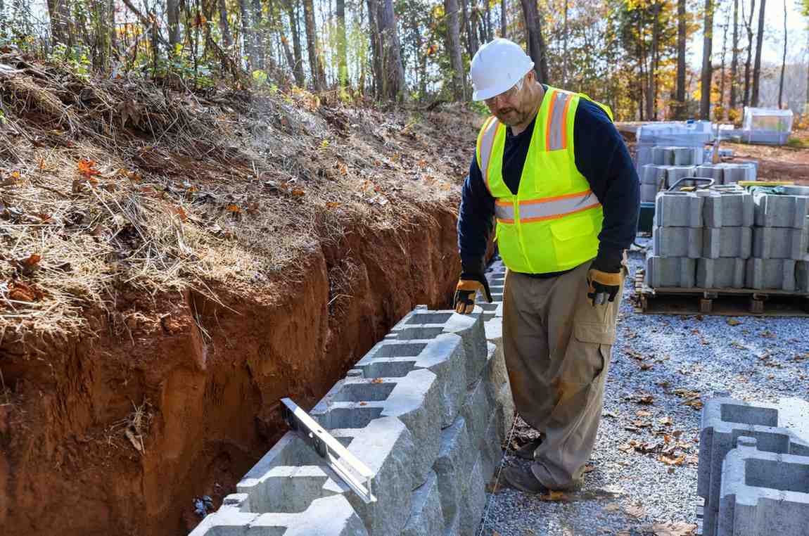 Builder checking block alignment with a level beside an excavated retaining wall drainage trench